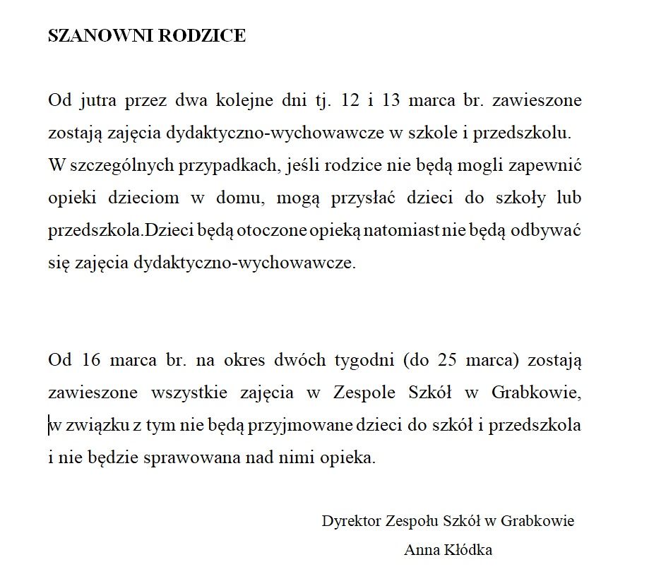 ZAWIESZONE ZAJĘCIA W SZKOLE