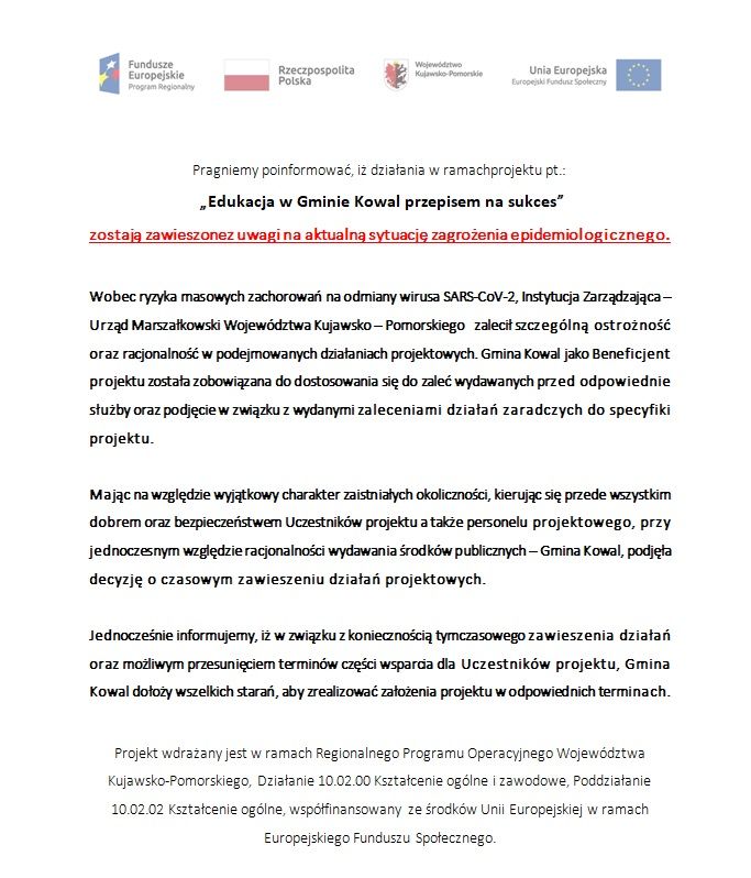 Zawieszenie działań w projekcie "Edukacja w Gminie Kowal przepisem na sukces"