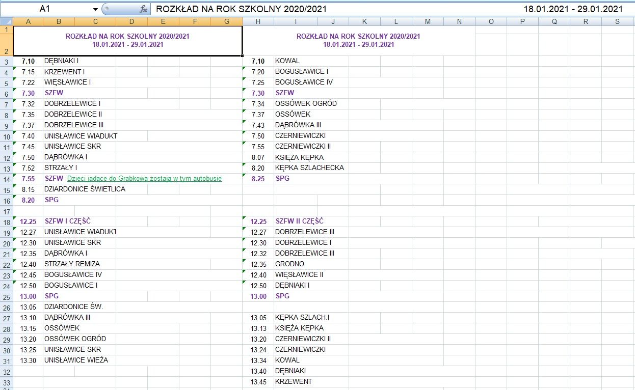 Rozkład jazdy autobusów od 18.01.2021r. do 29.01.2021r.
